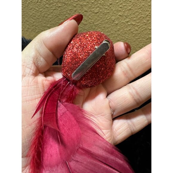 Vintage Red Glitter Bird Ornament Clip-On With Feathers & Decorative Detailing - Picture 5 of 7